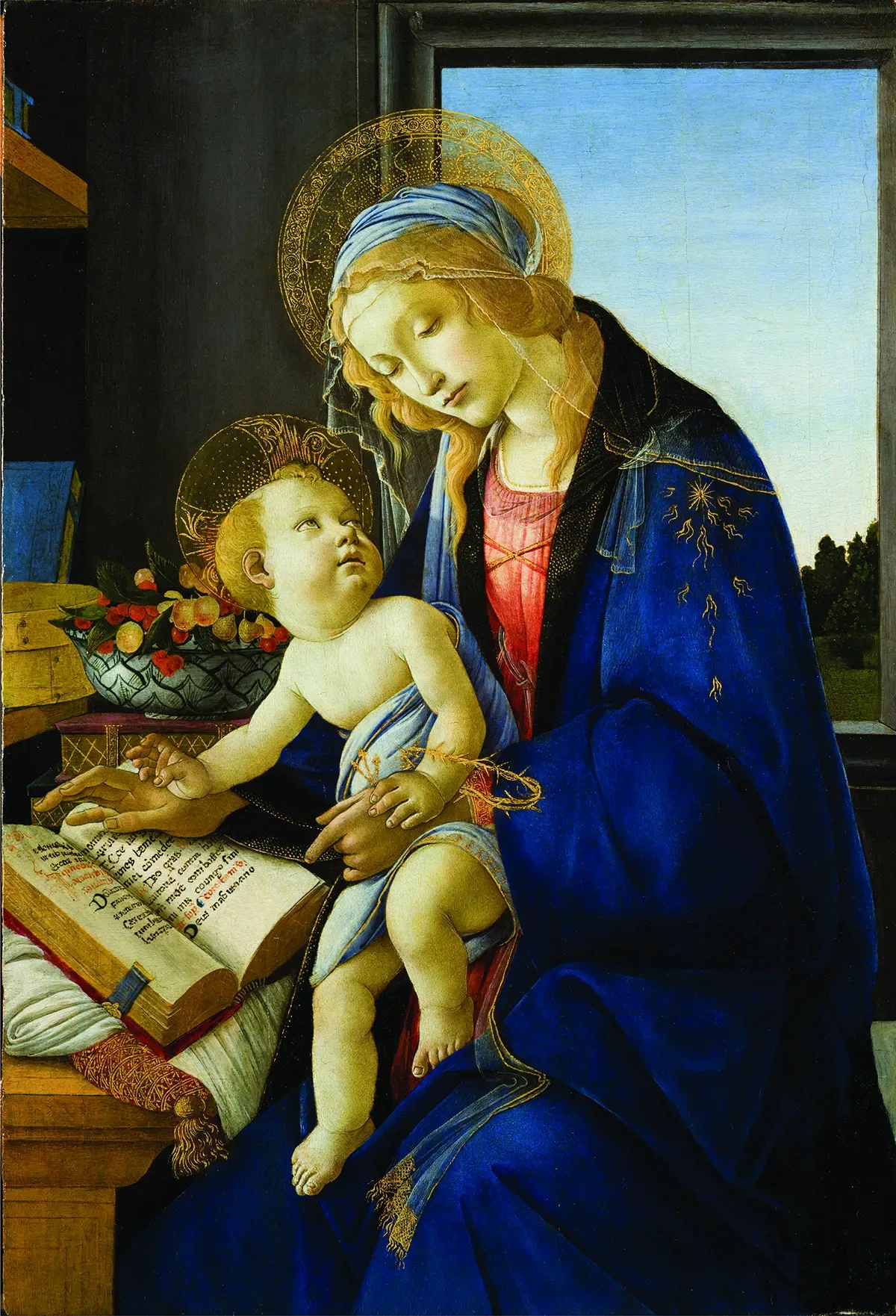 Delicate portrait of Mary and baby Jesus in early Renaissance style. The image shows a light-skinned woman with flowing blonde hair, her face surrounded by gossamer veils and an elaborate golden halo, gazing downward.