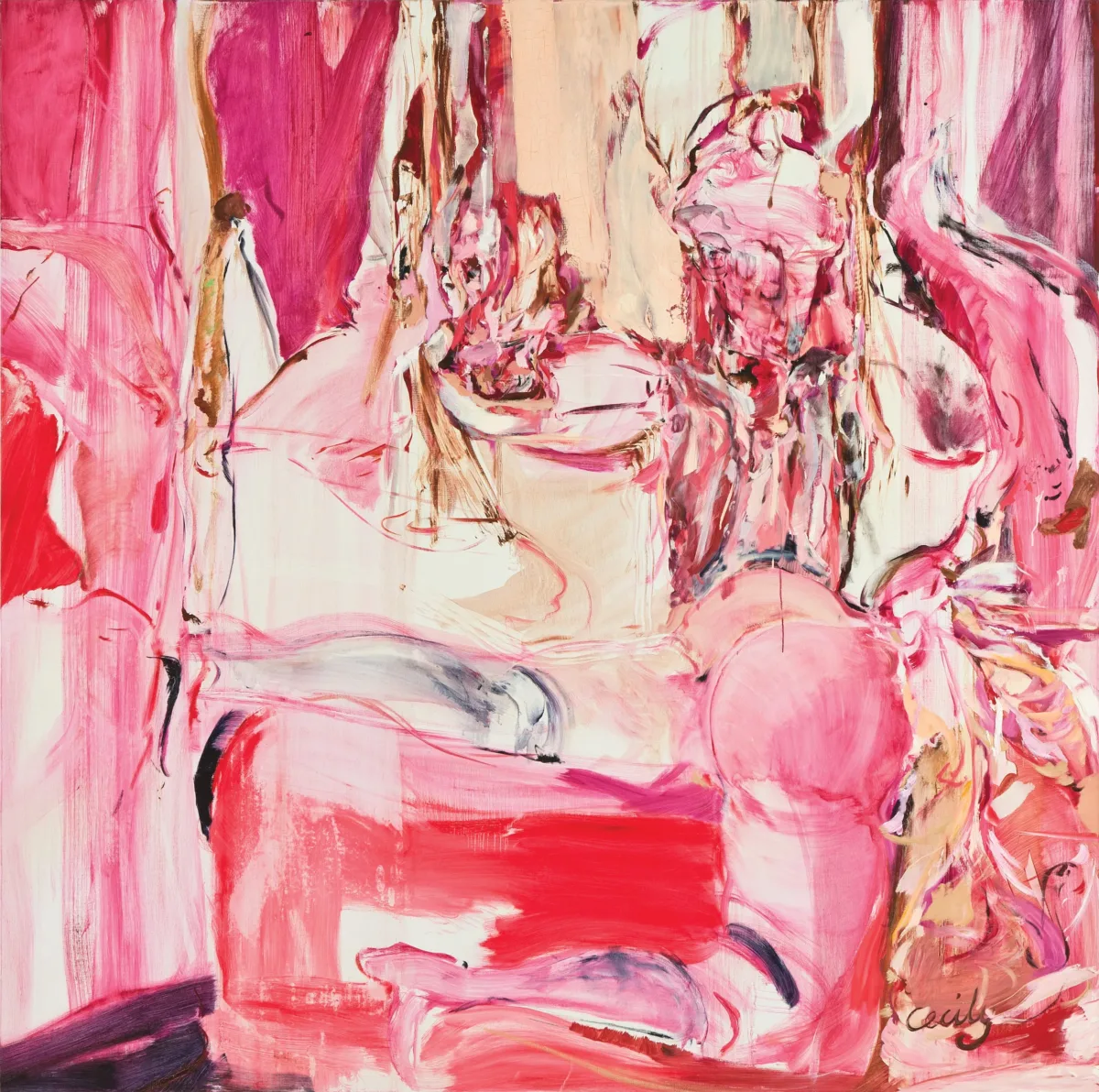 Abstract painting that depicts a reclining female nude using various shades of pink and white.