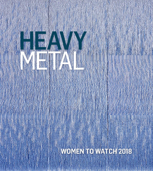 Book cover features a slivers of silver form to form a textured pattern with the words: "Heavy Metal: Women to Watch 2018"