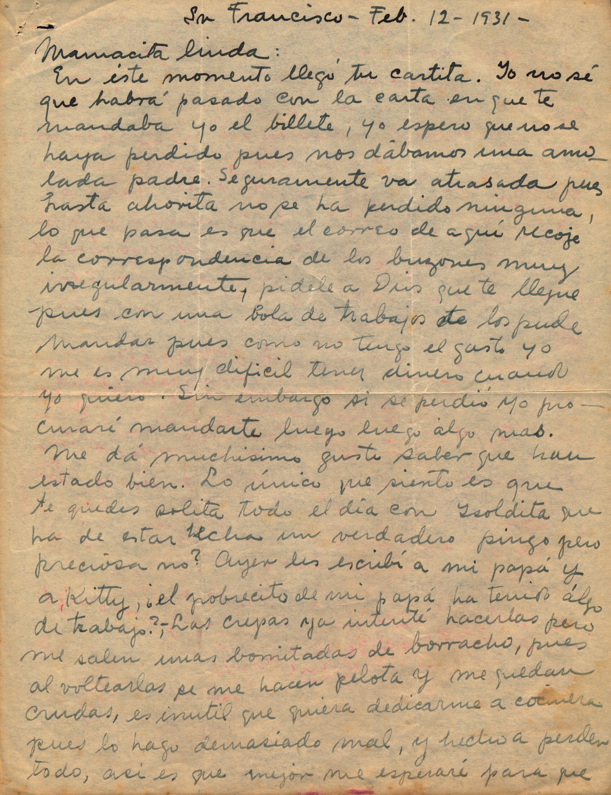 A letter, opening with "Mamacita Linda," written in dark ink on a yellowed sheet of paper.