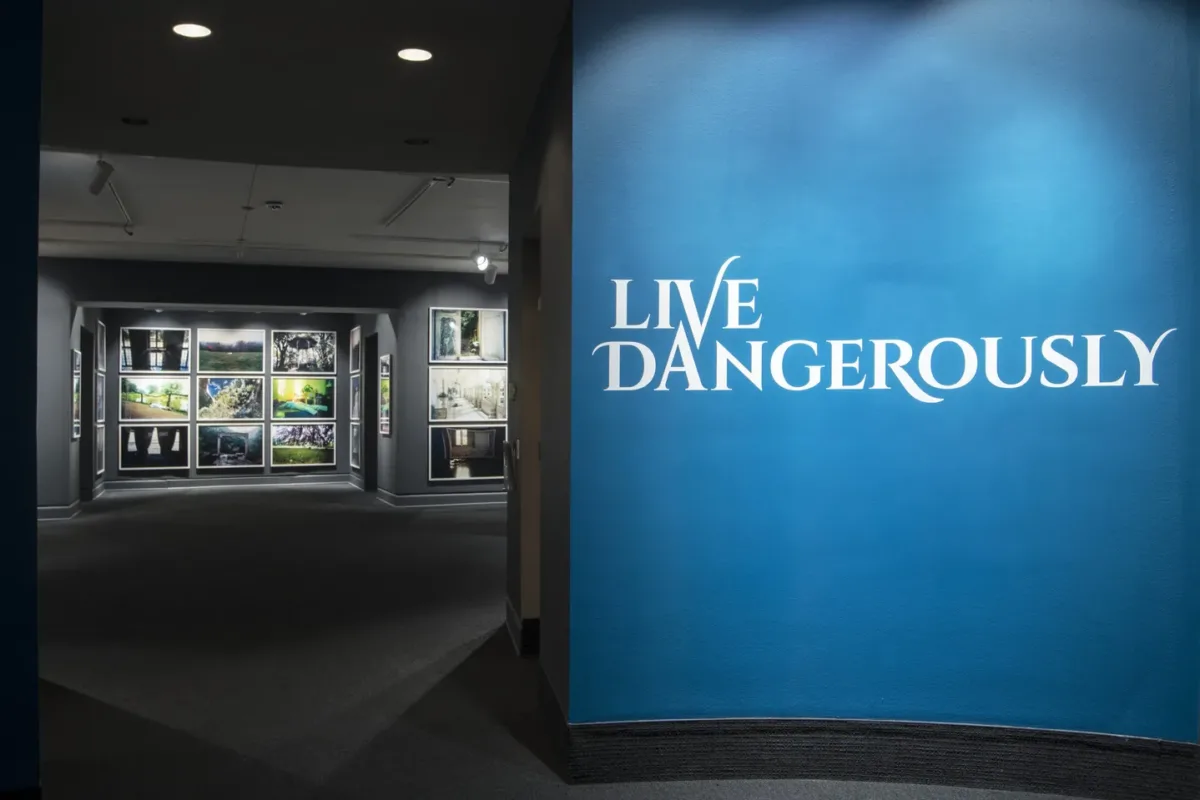 White text reads "Live Dangerously" pops against a bright blue wall. In the background numerous photographs hang on the walls from Janaina Tschäpe's "100 Little Deaths" series.