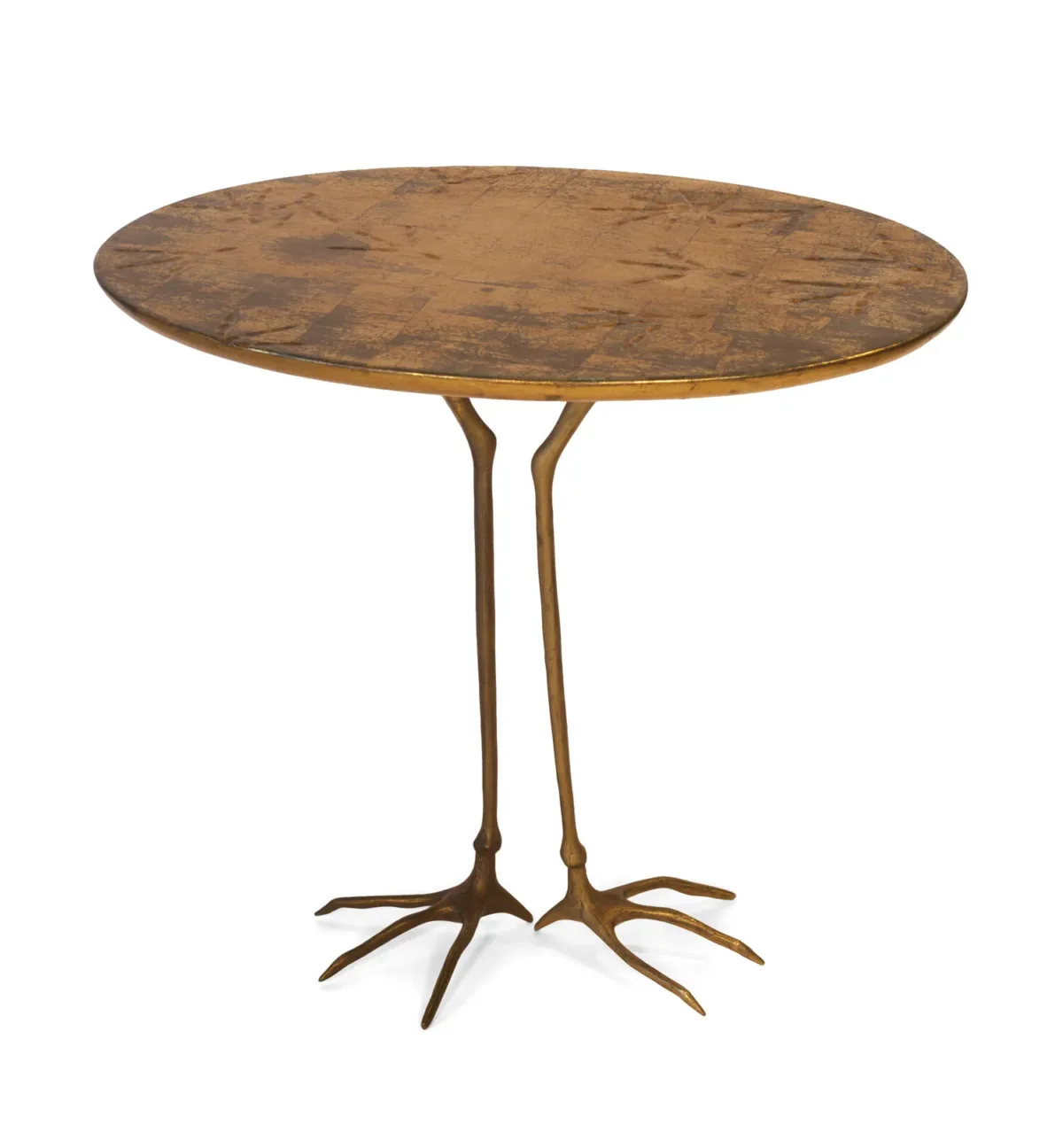 Surrealist sculpture and functional occasional table is shown from above at a high angle; the work features realistic cast bronze crane legs holding a round wooden, gold-plated tabletop.