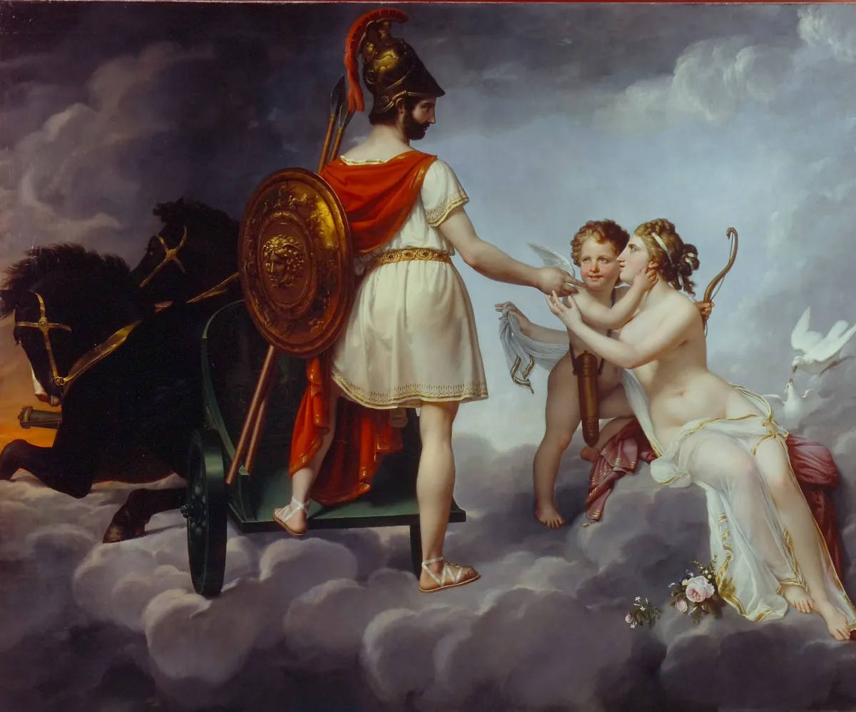 Oil painting scene shows a man in a white Grecian robe with red cape, bronze shield, and bronze helmet standing among clouds with two black horses connected to a chariot in front of him. He reaches out to a pale-skinned nude woman and cherub with doves behind them.