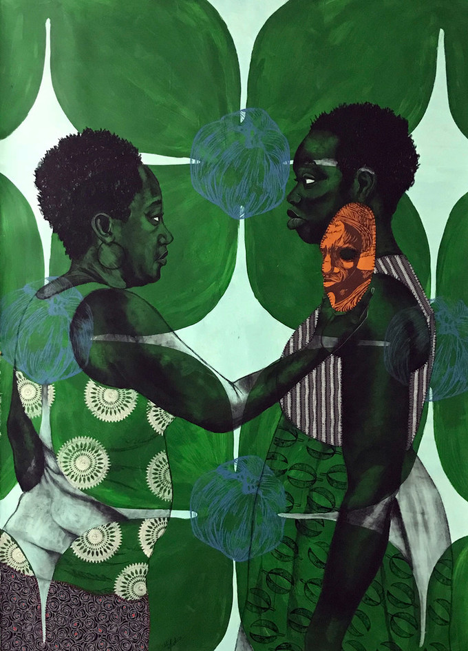 A print of two standing women with dark skin facing each other and staring into each other's eyes, the shorter woman on the left has her hand resting on the taller woman's shoulder while holding an orange mask that is staring back at her.