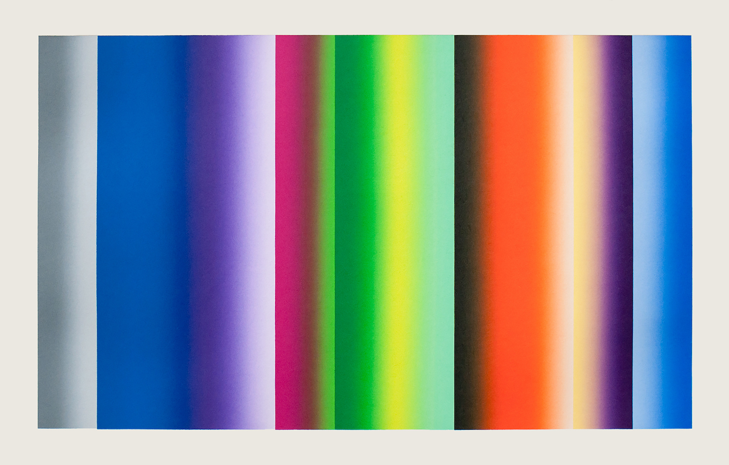 Vertical stripes of color in gray, blue, purple, pink green, yellow, and orange blend into one another or fade to white to form multiple gradient effects.