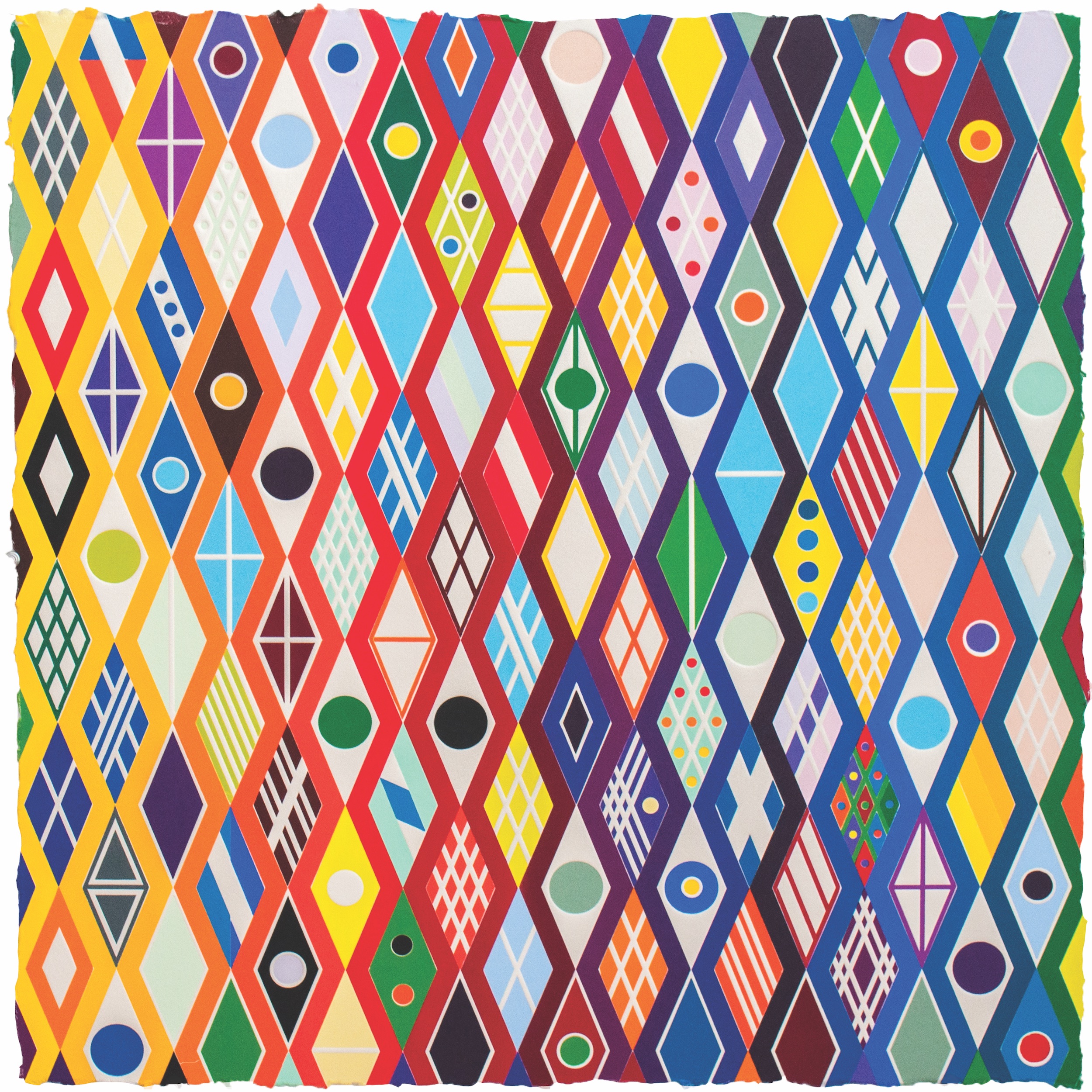 Multiple rhombus-shaped objects created by connected zig-zag lines in multiple colors fill the canvas. Each rhombus is filled with different colors, shapes, and patterns.