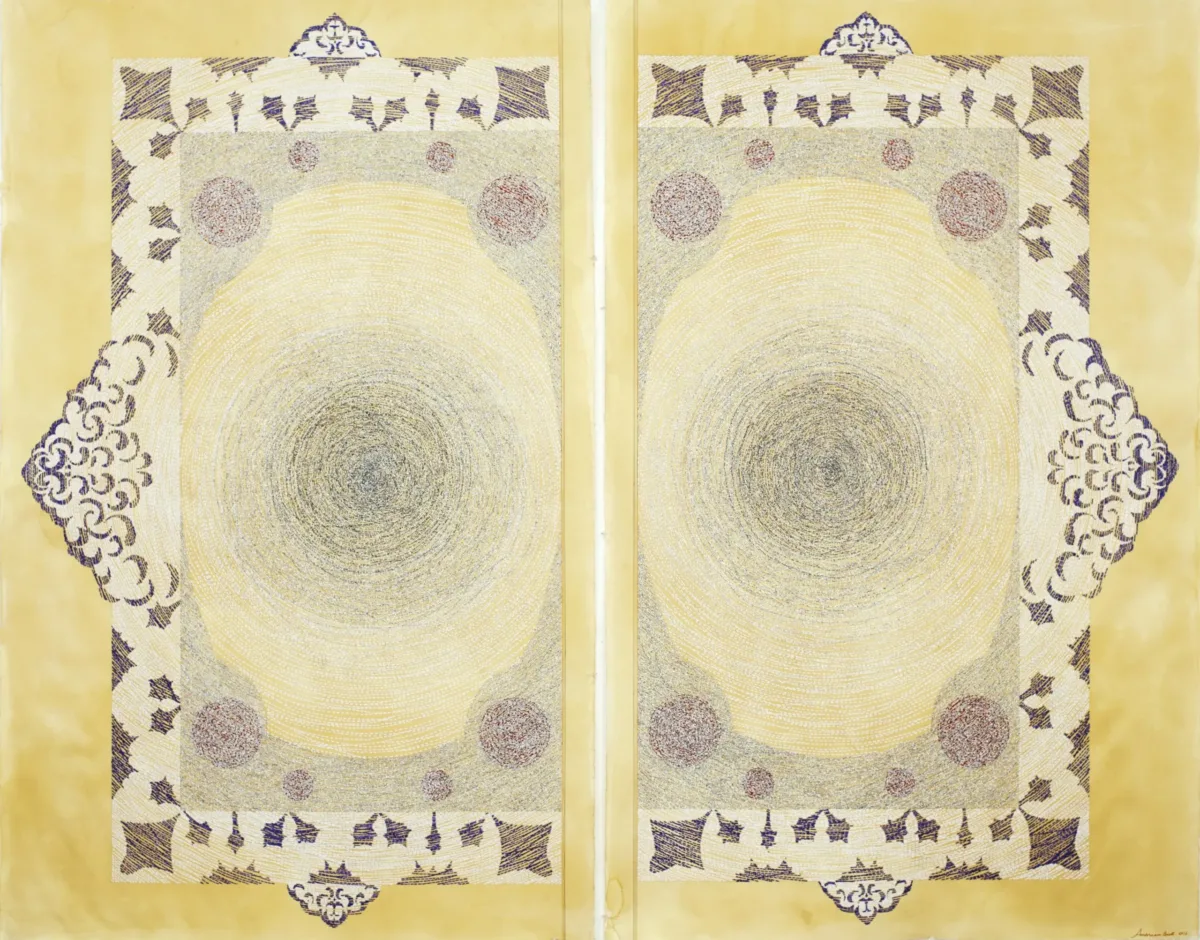 Diptych drawing of a page with arabesque scrolls and concentric circles.