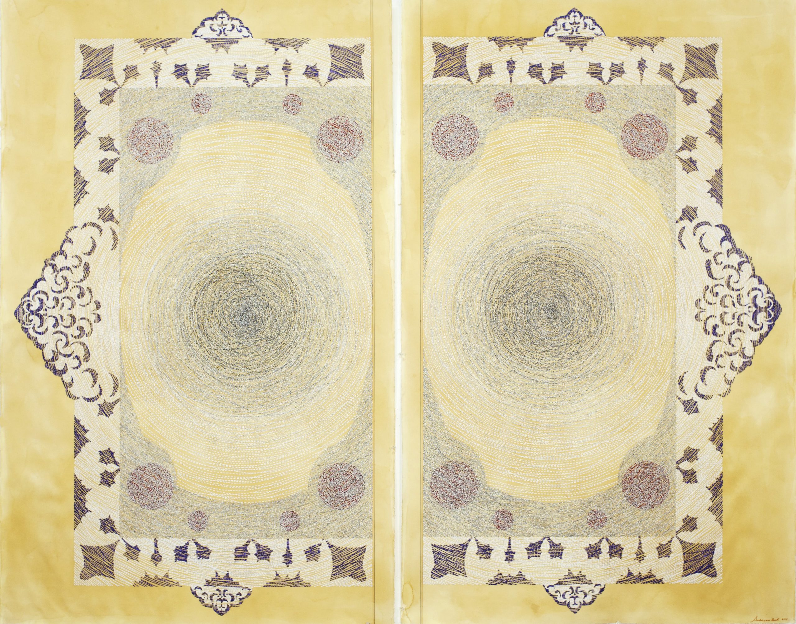 Diptych drawing of a page with arabesque scrolls and concentric circles.