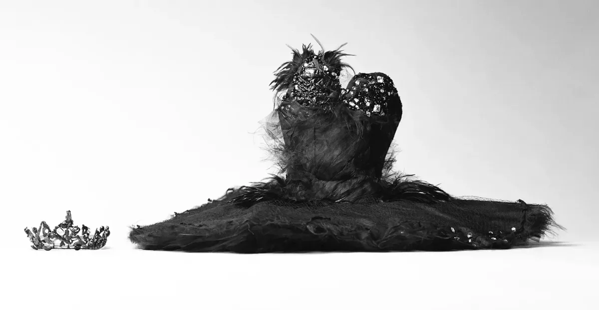 Black feathered tutu rests on the ground against a white background. A dark tiara rests on the ground to the left of the dress.