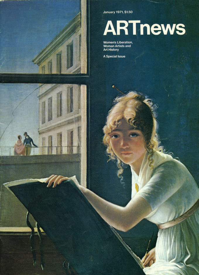 A magazine cover shows a painting of a young woman with light skin in a white dress, looking straight ahead at the viewer, against a dark green background. Holding an easel and a paintbrush, she sits in front of an open window, through which two figures and a large building are visible.