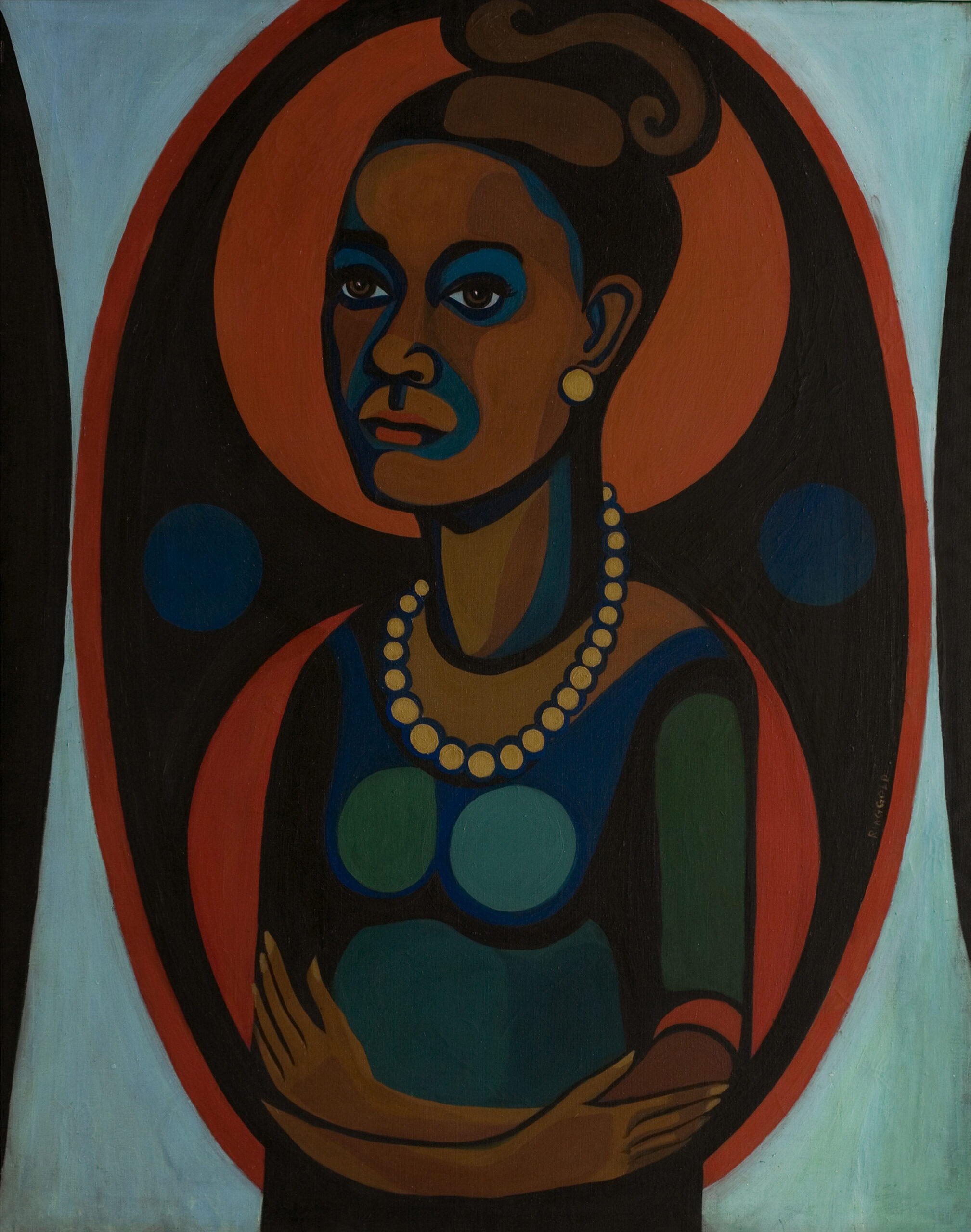 Modernist portrait of a dark-skinned woman with her hair styled in a 1960's updo, wearing pearl earrings and a pearl necklace. In a style akin to Cubism, solid-colored shapes in browns, blues, black and orange, are arranged to create the overall image.