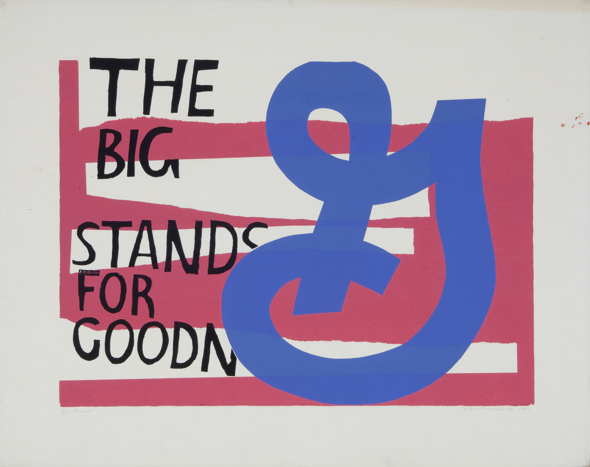 Bold graphic composition of red, white, blue, and black. A big blue G sits next to black text that reads, The Big G stands for Goodn.