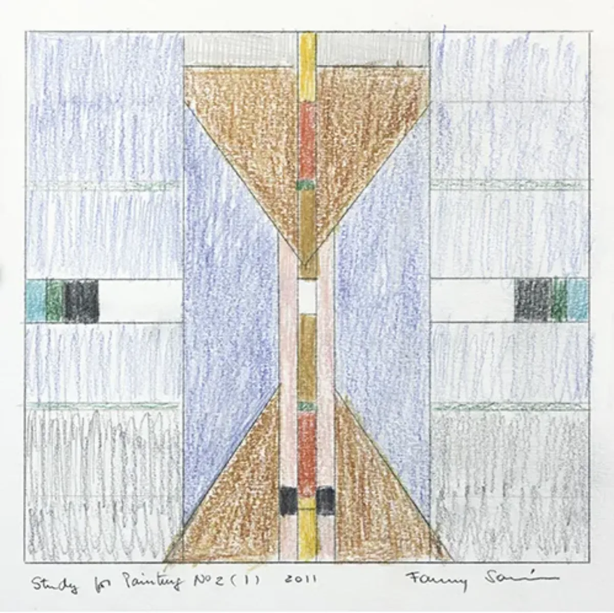 Color pencil sketch of an abstract geometric design divided into three vertical sections. At the center, on a blue field, there are two brown triangles in an hourglass formation, bisected vertically by a colorful stripe. On either side are symmetrical designs of rectangles in varying shades of blue.