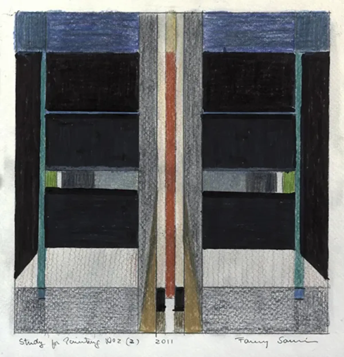 Color pencil sketch shows an abstract geometric design. On a field of black, the composition features a central vertical red stripe flanked by elongated rectangles in pink and gray. Radiating horizontally from the center are smaller rectangles in white, gray, black, blue, and green.