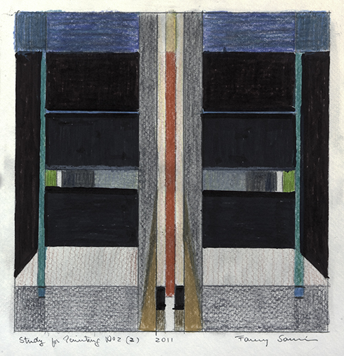 Color pencil sketch shows an abstract geometric design. On a field of black, the composition features a central vertical red stripe flanked by elongated rectangles in pink and gray. Radiating horizontally from the center are smaller rectangles in white, gray, black, blue, and green.