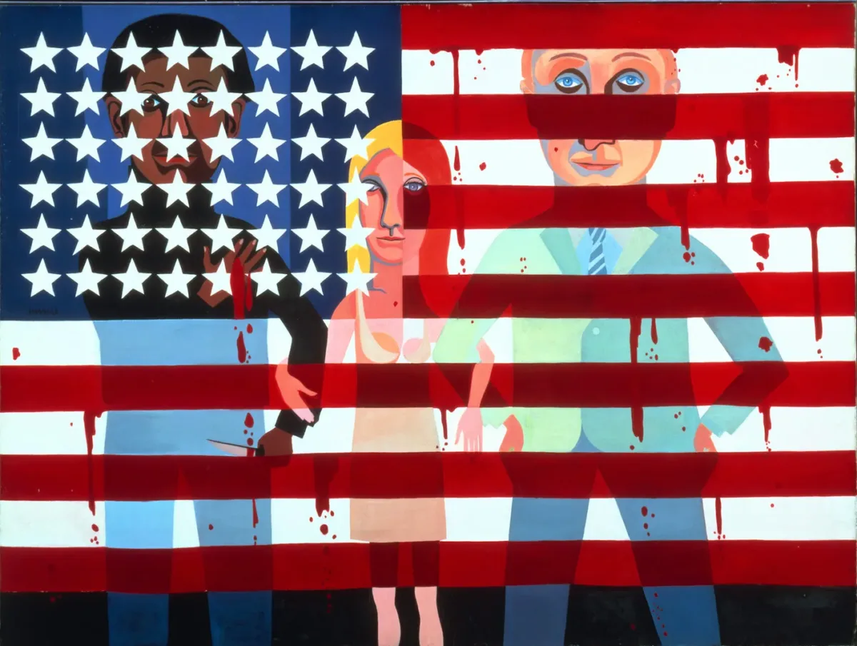 Semi-cubist painting of a black man, white woman, and white man linking arms, superimposed with the American flag. The black man, partially obscured by the stars on the flag, clutches his bleeding chest with one hand and holds a knife in the other. The red stripes of the flag drip as if bleeding.