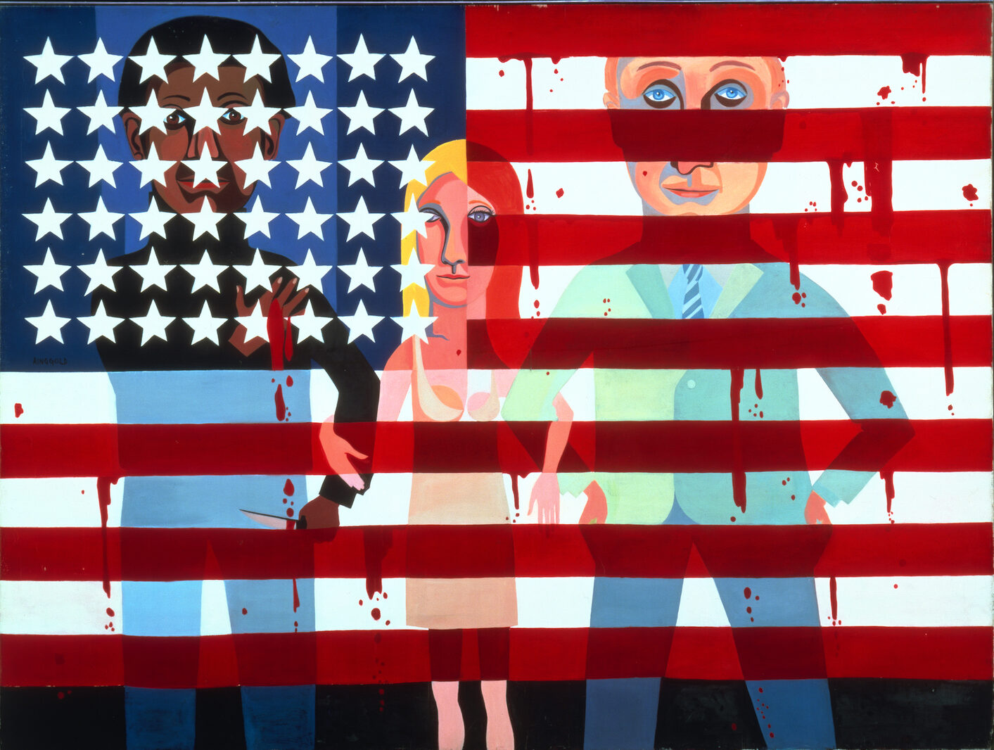 Semi-cubist painting of a black man, white woman, and white man linking arms, superimposed with the American flag. The black man, partially obscured by the stars on the flag, clutches his bleeding chest with one hand and holds a knife in the other. The red stripes of the flag drip as if bleeding.