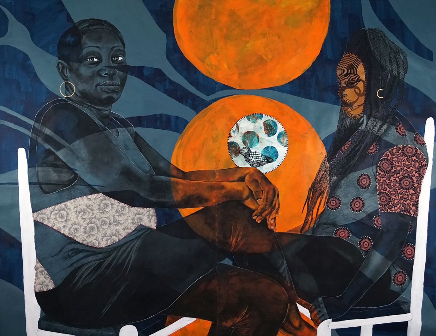 A mixed-media work shows two seated figures facing each other; the first woman sits cross-legged staring confidently out at viewer while the second woman is masked and gazes elsewhere. In the background blue abstract shapes with two orange orbs fill the space between them.