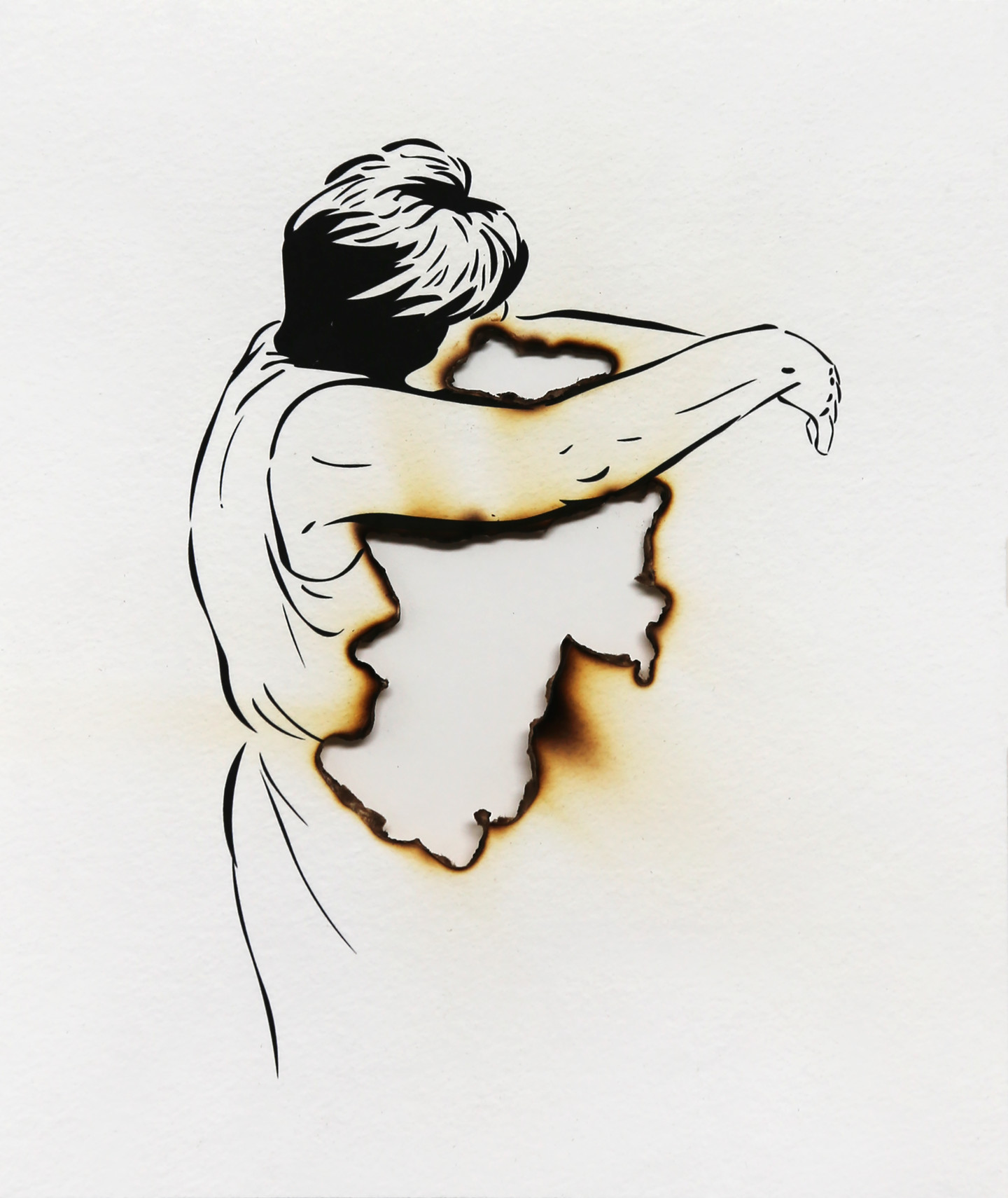 A thin ink drawing of a woman in short black hair and sleeveless dress seen from the side with her face hidden. She extends her arms with a void space marked by burned edges to indicate the absence of the person or object that she embraces.