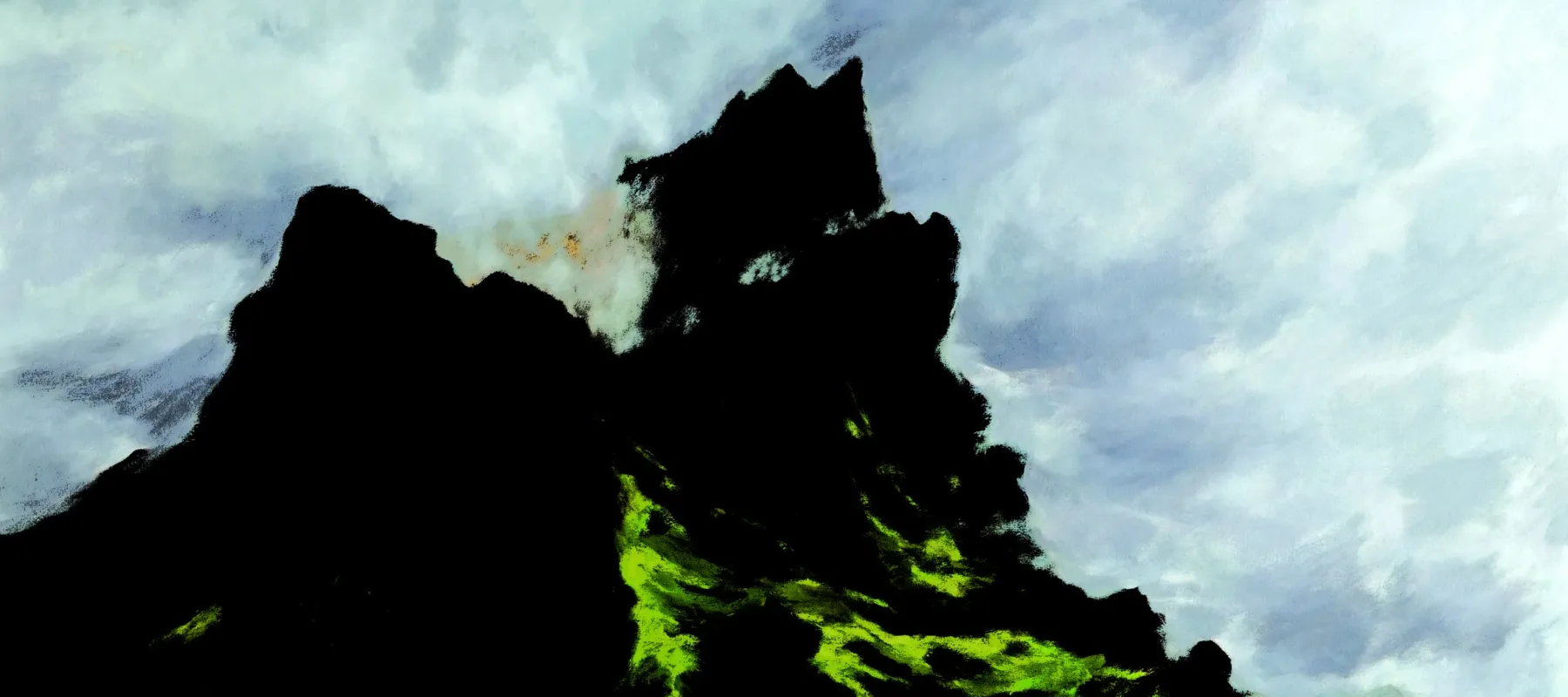 Oil painting with expressive, brushy strokes depicting a mossed mountain and cloudy sky