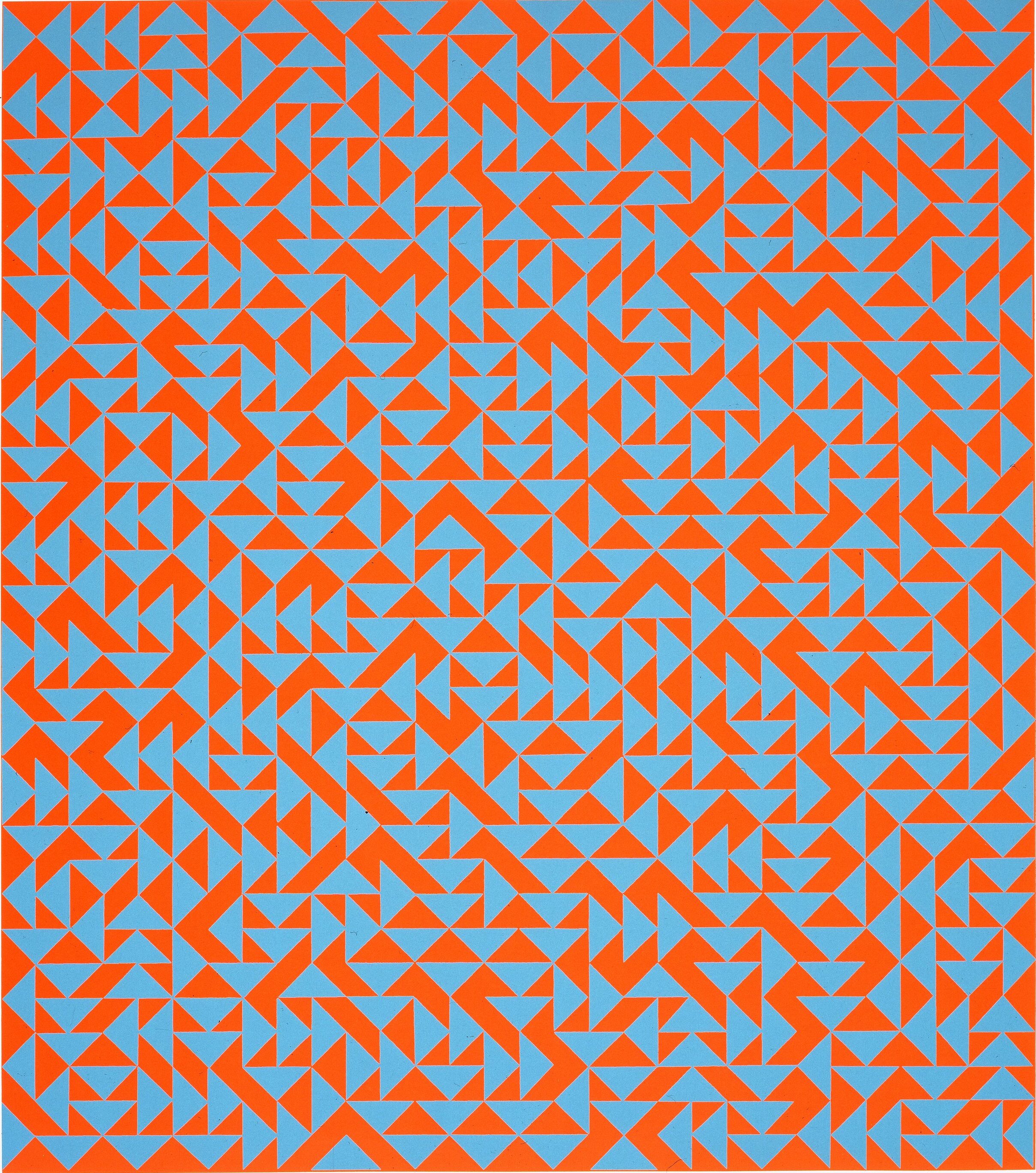 Rectangular print features hundreds of small, vibrant blue and red triangles arranged in geometric patterns, creating a quilt-like effect.