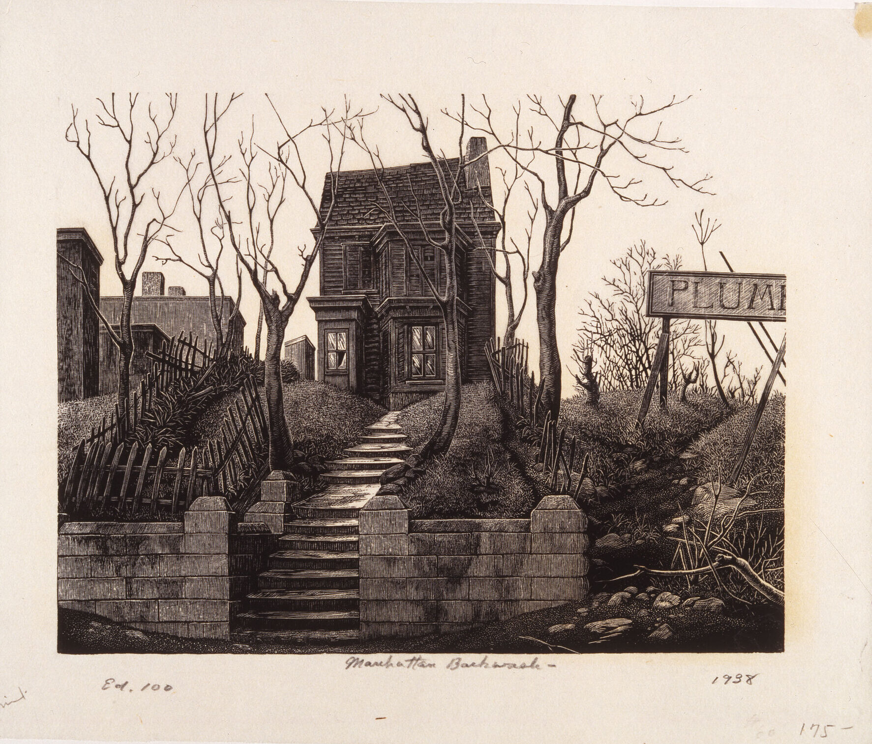 Tiny print of a foreboding, dilapidated Victorian house on a hill. Between two water-stained retaining walls, a long series of uneven steps leads up to the house, which is flanked by barren trees and broken picket fencing.