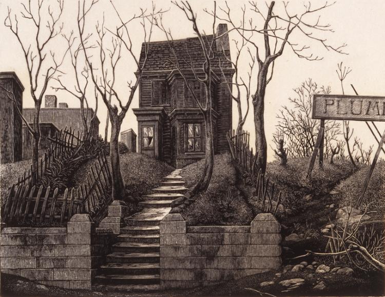 Tiny print of a foreboding, dilapidated Victorian house on a hill. Between two water-stained retaining walls, a long series of uneven steps leads up to the house, which is flanked by barren trees and broken picket fencing.