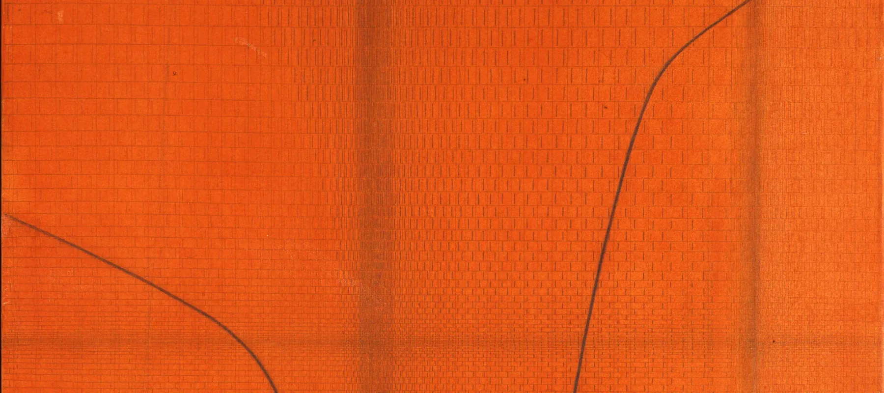 Bold orangey-red paint and pencil artwork with faint pattern like snakeskin. Two thin black lines curves toward the middle of the work from the right and left sides.