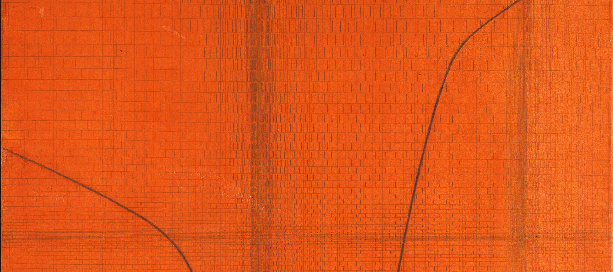 Bold orangey-red paint and pencil artwork with faint pattern like snakeskin. Two thin black lines curves toward the middle of the work from the right and left sides.
