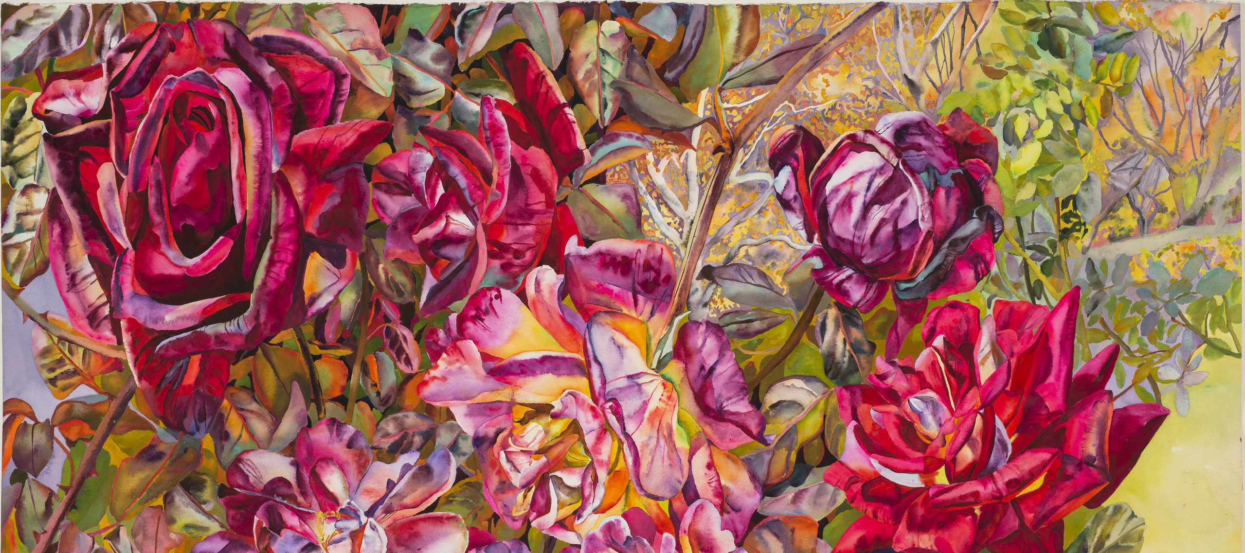 Long and thin horizontal crop of a larger artwork features a closeup detail of watercolor roses in vibrant bloom in shades of hot pink, violet, and yellow with thick leaves surrounding.
