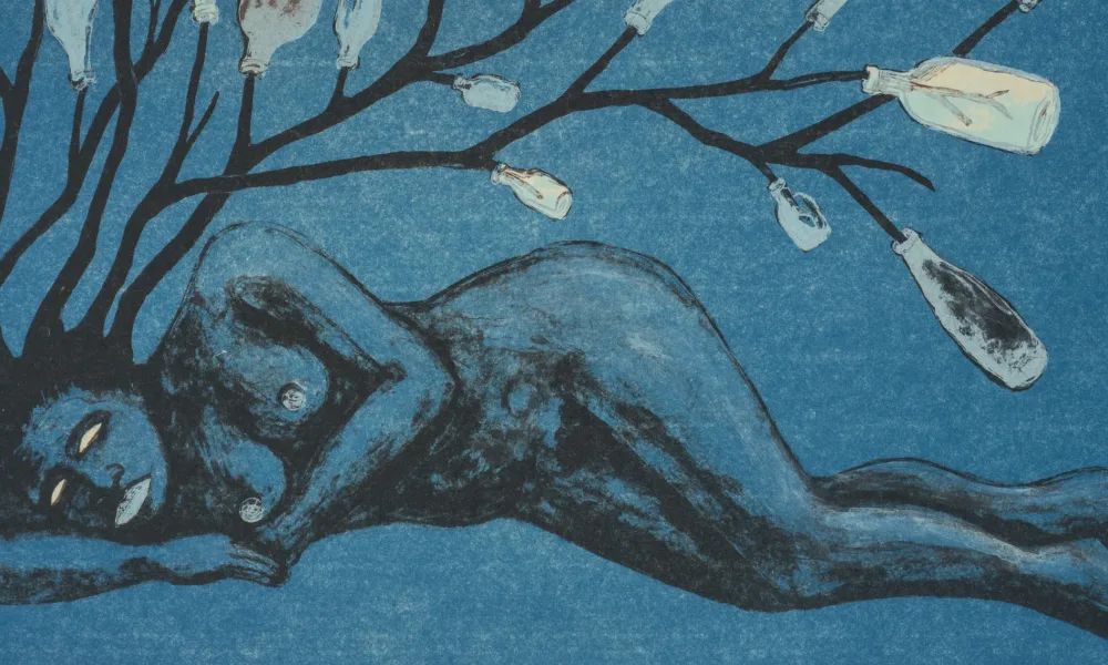 Lithograph print on a blue background portrays a nude woman laying horizontally across the length of the paper. In place of hair, a bottle tree appears to sprout from the figure’s head.