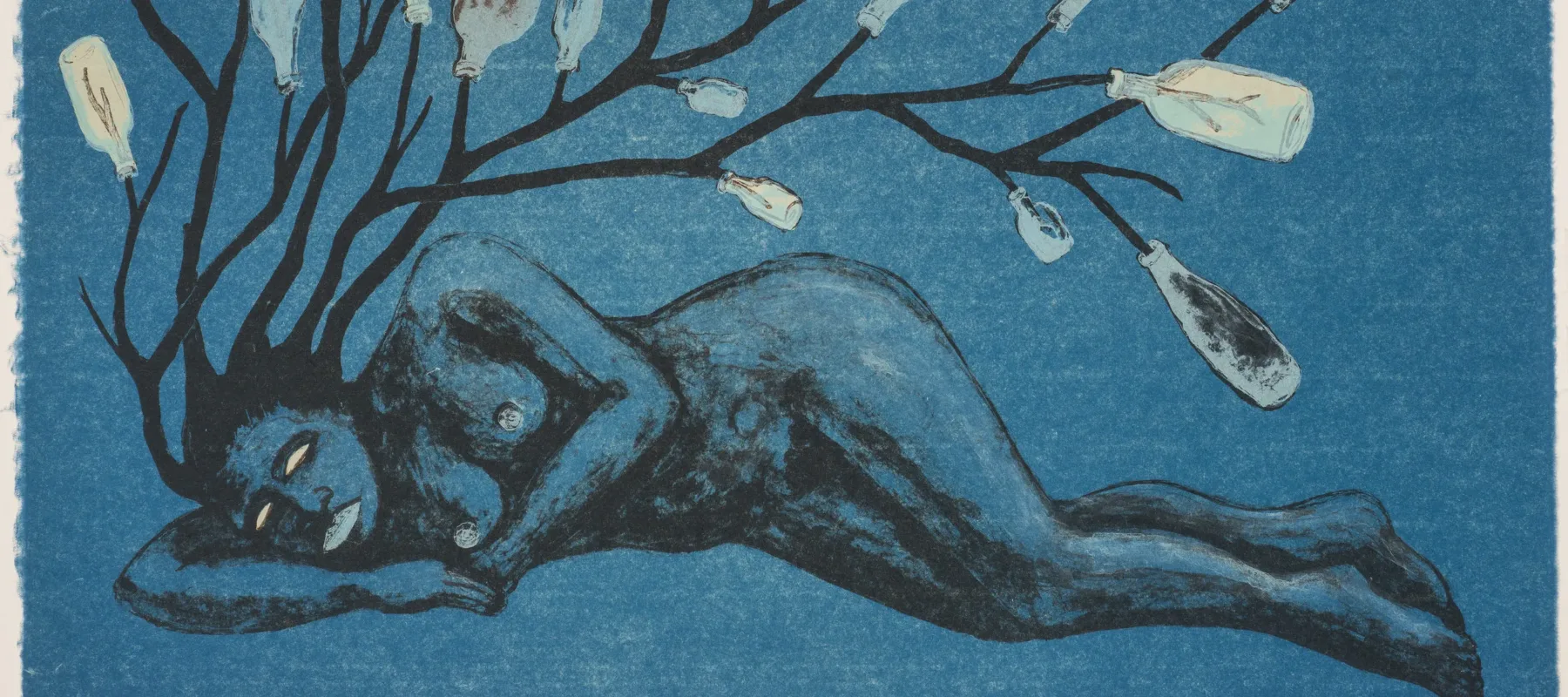 Lithograph print on a blue background portrays a nude woman laying horizontally across the length of the paper. In place of hair, a bottle tree appears to sprout from the figure’s head.