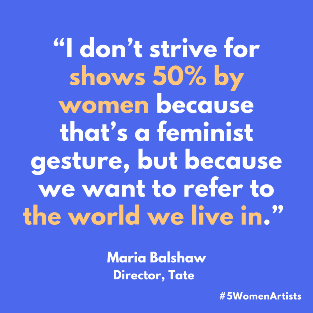On a blue background, white and yellow text reads: "I don't strive for shows 50% by women because that's a feminist gesture, but because we want to refer to the world we live in."