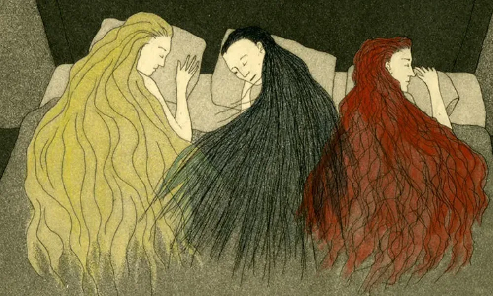 Illustrated print from a book shows three light-skinned women, lying side by side, asleep in a bed. The print is all in shades of grey except for the long hair of the women, depicted in yellow, red, and black, flowing atop the blanket under which they sleep.