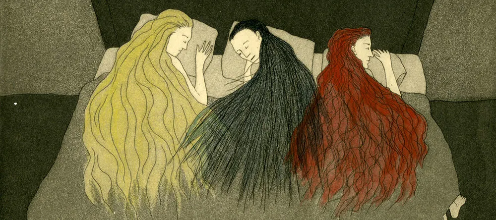 Illustrated print from a book shows three light-skinned women, lying side by side, asleep in a bed. The print is all in shades of grey except for the long hair of the women, depicted in yellow, red, and black, flowing atop the blanket under which they sleep.