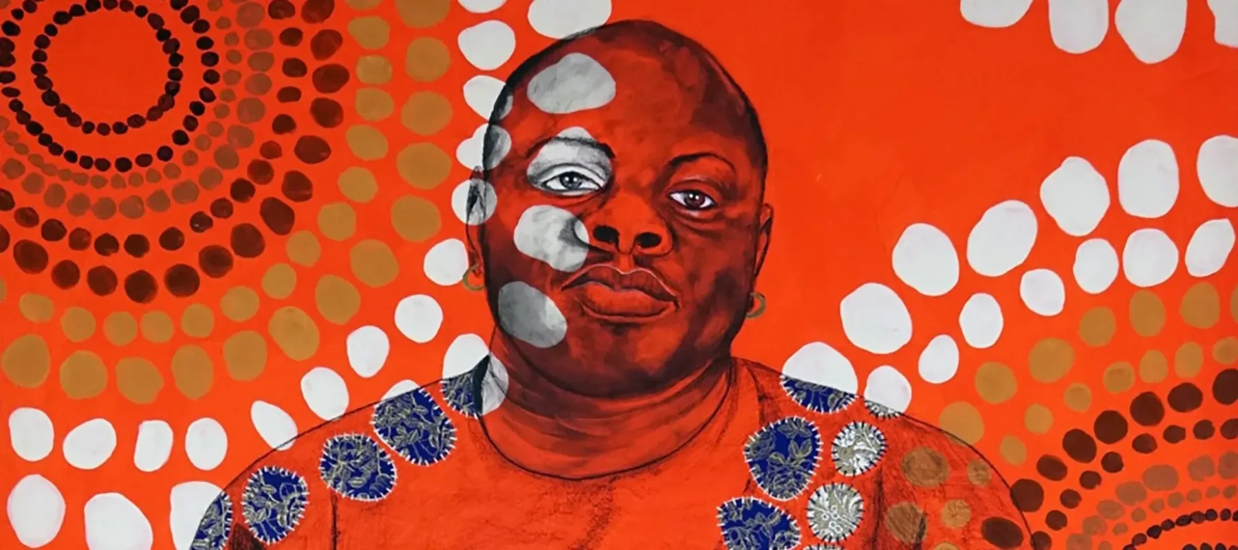 Mixed-media work of a seated dark skin person staring confidently at the viewer; an overlay of bright orange and circular patterns of white, blue, and brown circles covers the person and background.