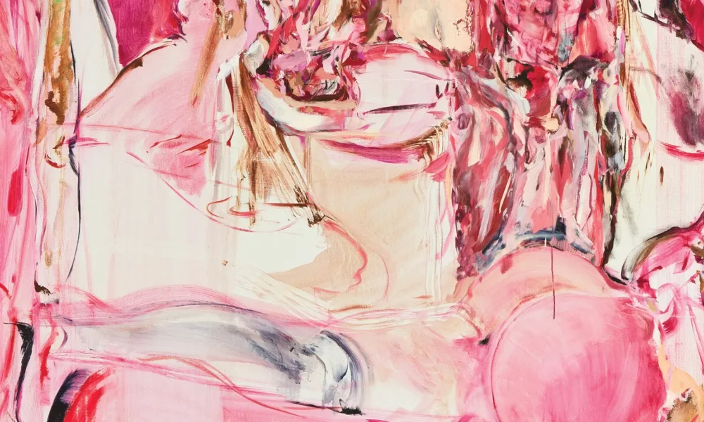 Abstract painting that depicts a reclining female nude using various shades of pink and white.