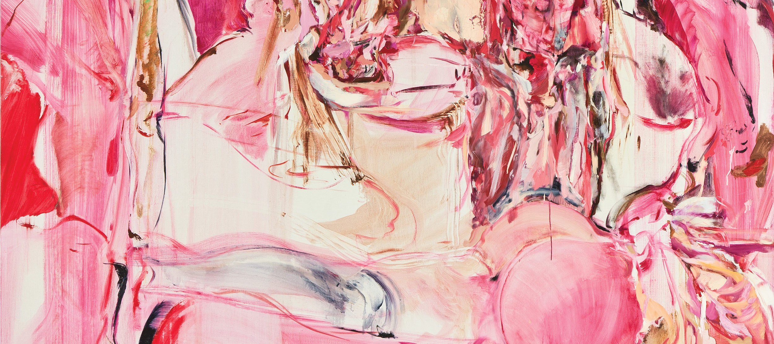 Abstract painting that depicts a reclining female nude using various shades of pink and white.