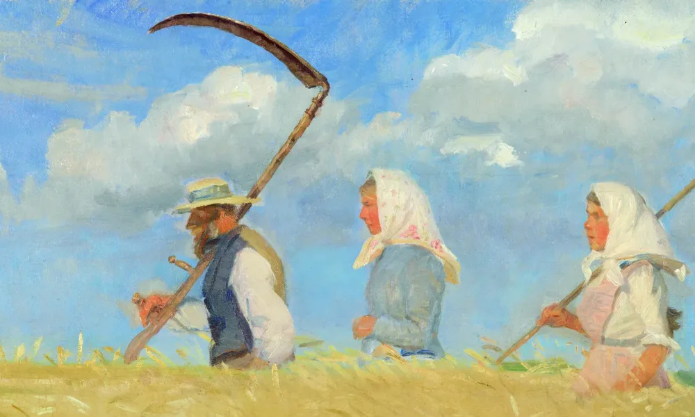 Expressionist painting of a man and two women wearing white headscarves walking through a waist-high wheat field. The man and the woman following in the back carry scythes to cut the wheat.