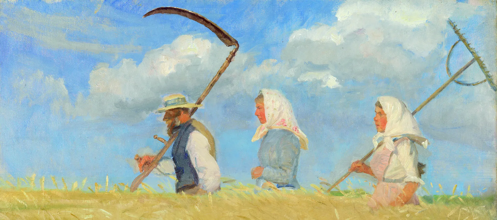 Expressionist painting of a man and two women wearing white headscarves walking through a waist-high wheat field. The man and the woman following in the back carry scythes to cut the wheat.