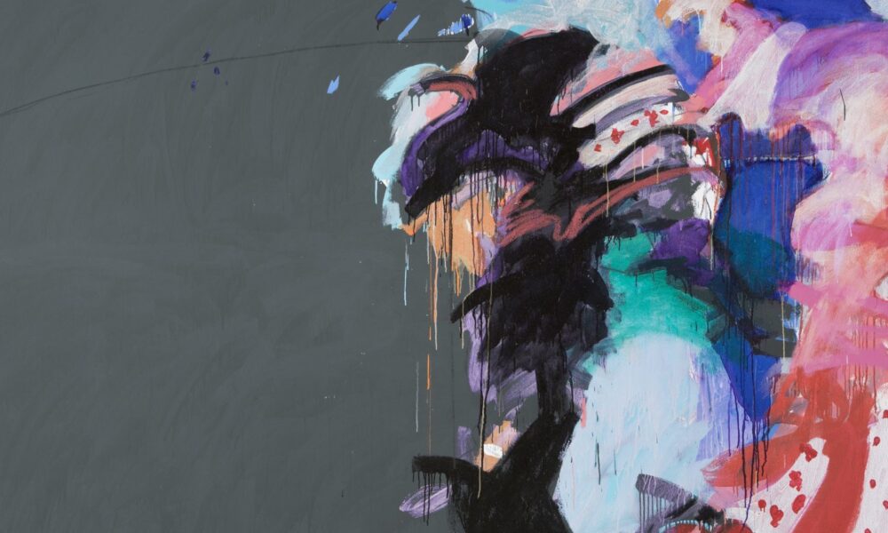 Large abstract work shows half the painting with solid dark gray paint on the right and swirling paint in pinks, blues, black, and purples on the right.