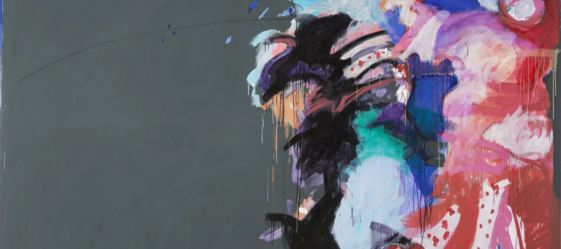 Large abstract work shows half the painting with solid dark gray paint on the right and swirling paint in pinks, blues, black, and purples on the right.