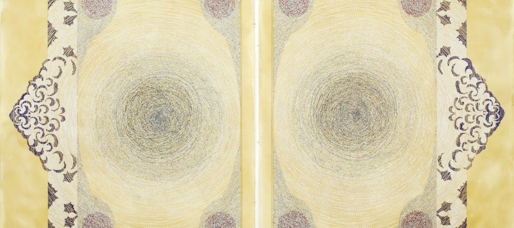 Diptych drawing of two panels with spiraling scraps of text that mirror each other against a yellow mottled backdrop. Concentric circles and arabesque shapes adorn diptych.
