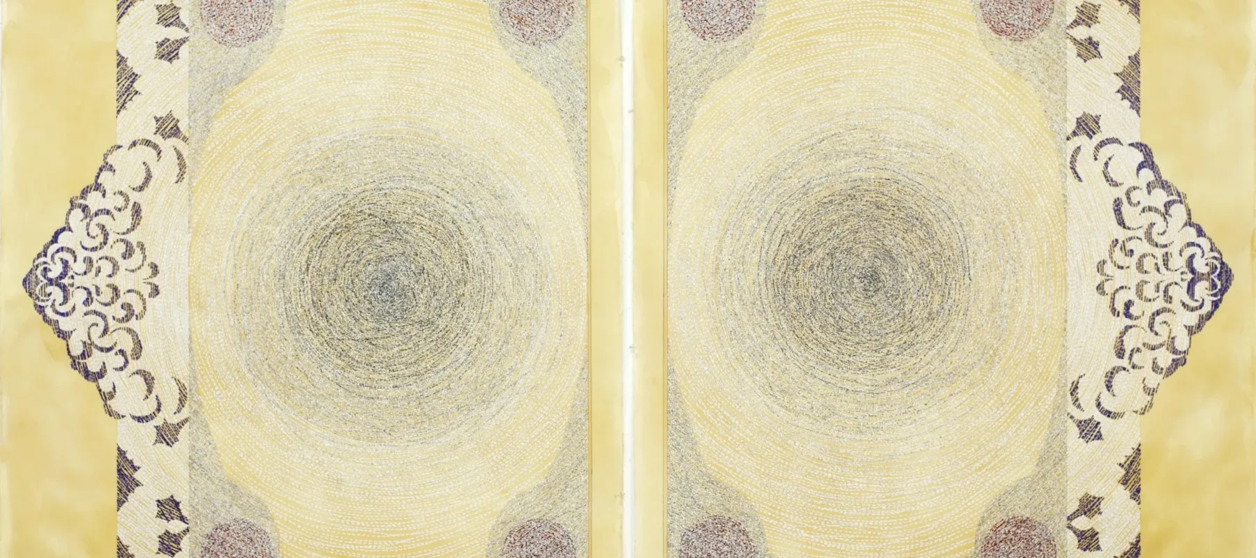 Diptych drawing of two panels with spiraling scraps of text that mirror each other against a yellow mottled backdrop. Concentric circles and arabesque shapes adorn diptych.