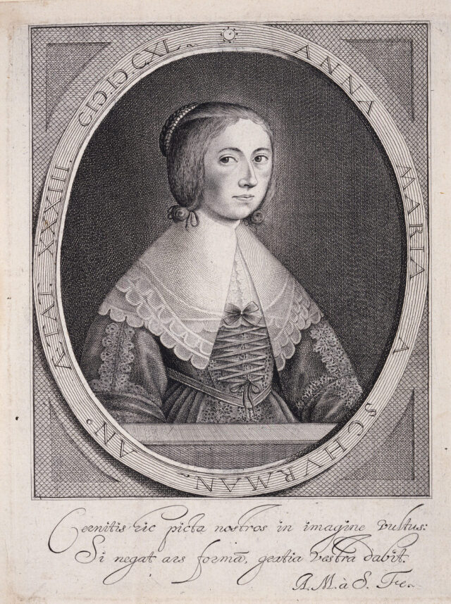 Three-quarter self-portrait print set in an oval with inscriptions along the perimeter depicts a light-skinned young woman with hair pinned up, wearing an elegant dress with an oversized lace collar and sleeves, gazing directly at the viewer.