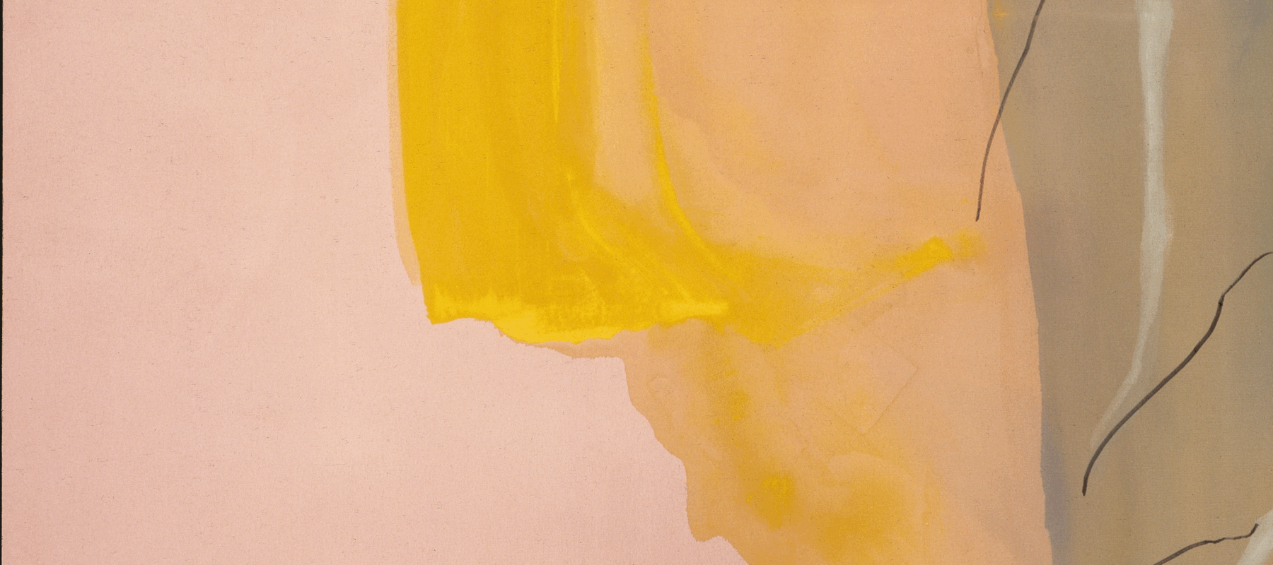 An abstract painting of languishing shapes. The left is a uniform pale pink color; a third of the way across the top, a bright yellow is introduced and melts down the canvas. On the right, two blocks of muted brown-lavender are punctuated by five short trailing black lines.