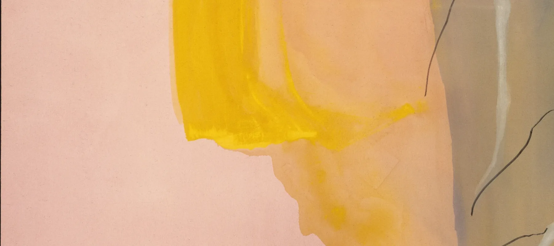 An abstract painting of languishing shapes. The left is a uniform pale pink color; a third of the way across the top, a bright yellow is introduced and melts down the canvas. On the right, two blocks of muted brown-lavender are punctuated by five short trailing black lines.