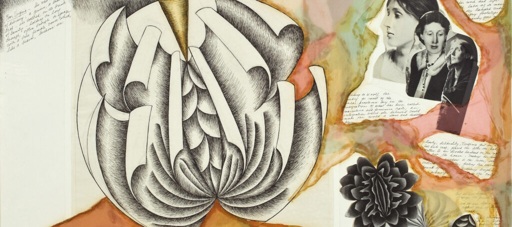 Mixed media work on paper shows a large ink drawing of a sculptural plate with page-like leaves unfurling in a round, flower-like pattern. Smaller plate deisgns, collaged photographs of the author, and her written words are surrounded by pink, orange, yellow and green watercolor.