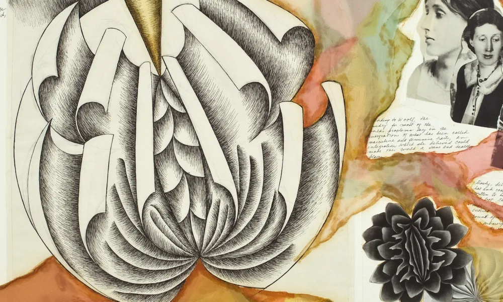 Mixed media work on paper shows a large ink drawing of a sculptural plate with page-like leaves unfurling in a round, flower-like pattern. Smaller plate deisgns, collaged photographs of the author, and her written words are surrounded by pink, orange, yellow and green watercolor.