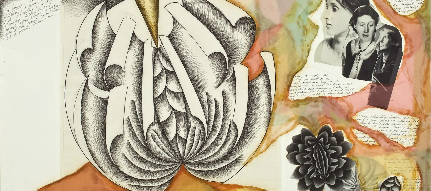 Mixed media work on paper shows a large ink drawing of a sculptural plate with page-like leaves unfurling in a round, flower-like pattern. Smaller plate deisgns, collaged photographs of the author, and her written words are surrounded by pink, orange, yellow and green watercolor.